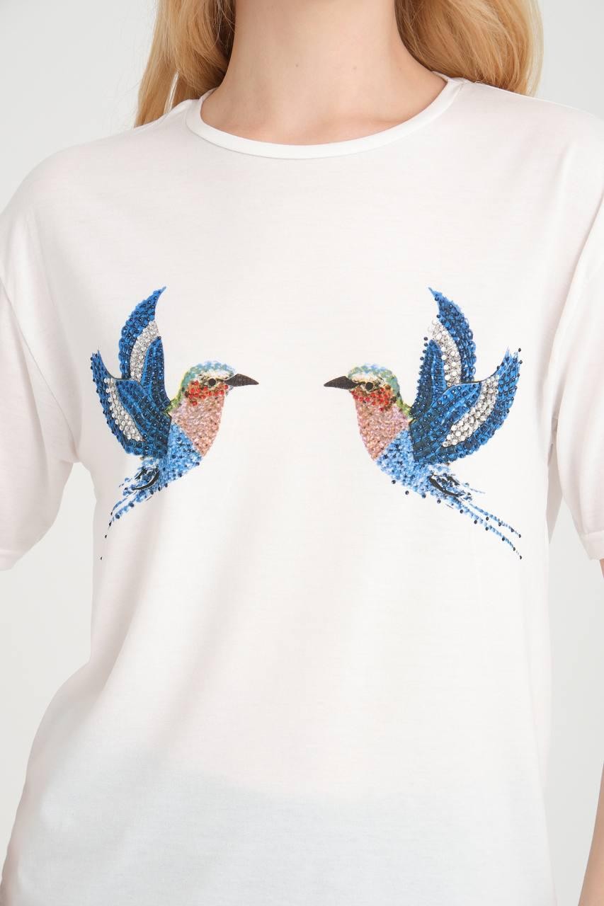 0 Yaka Kuş Baskılı Kadın T-Shirt