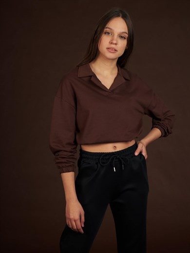 Yakalı Alt Lastik Uzun Kol Kısa Kadın Sweatshirt