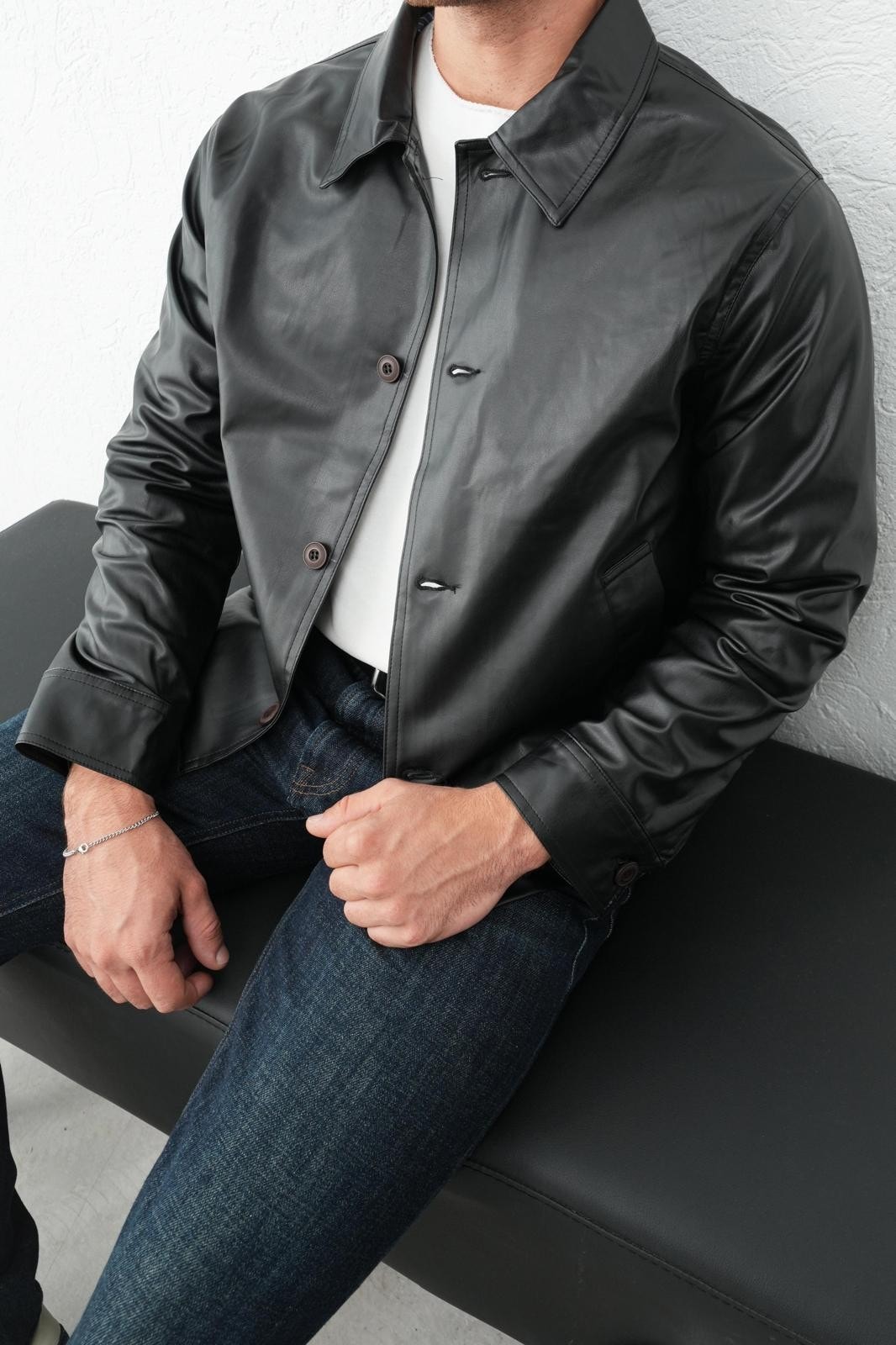 Yakalı Ön Düğme Detay Erkek Deri Ceket