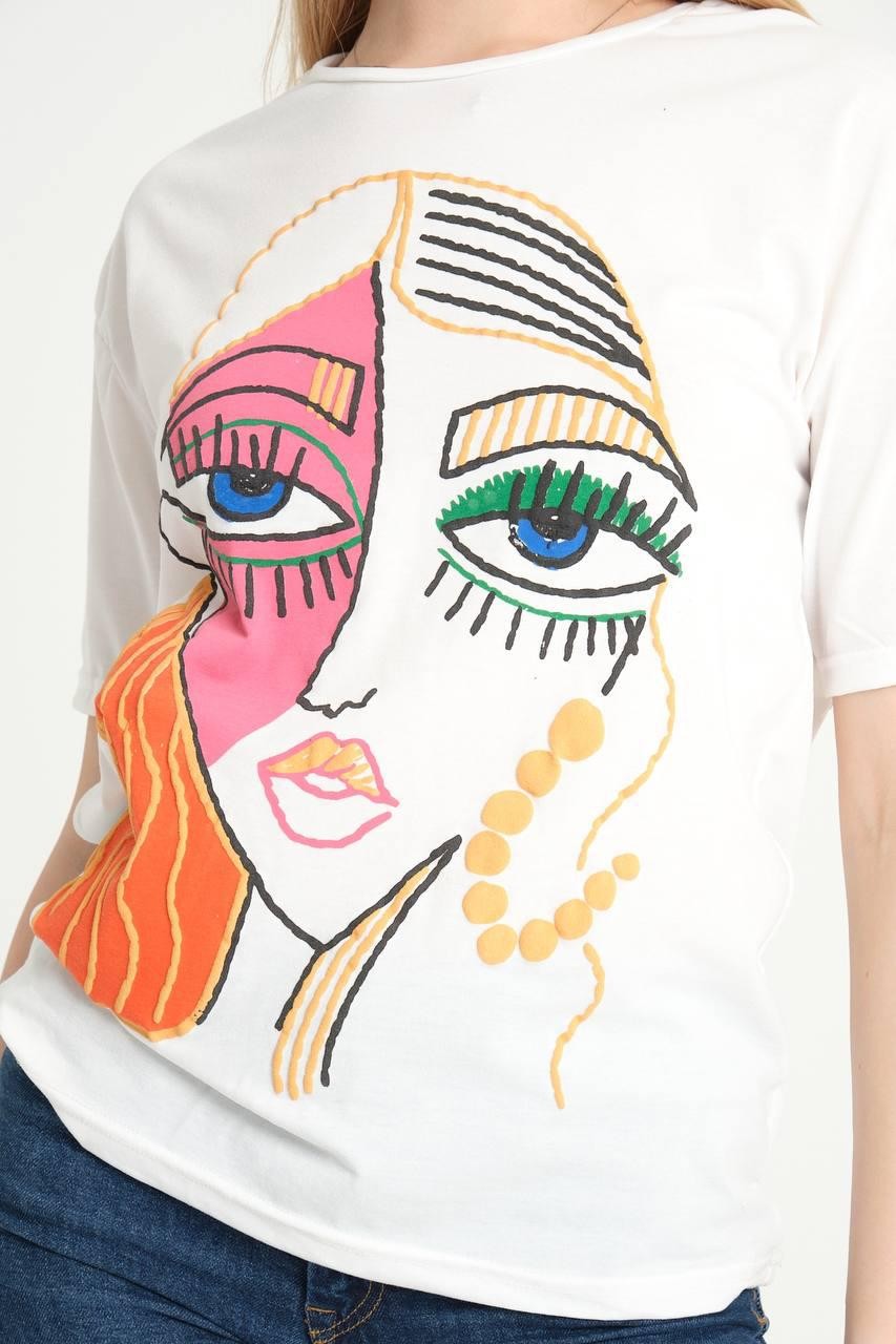 0 Yaka Surat Baskı Kadın T-Shirt
