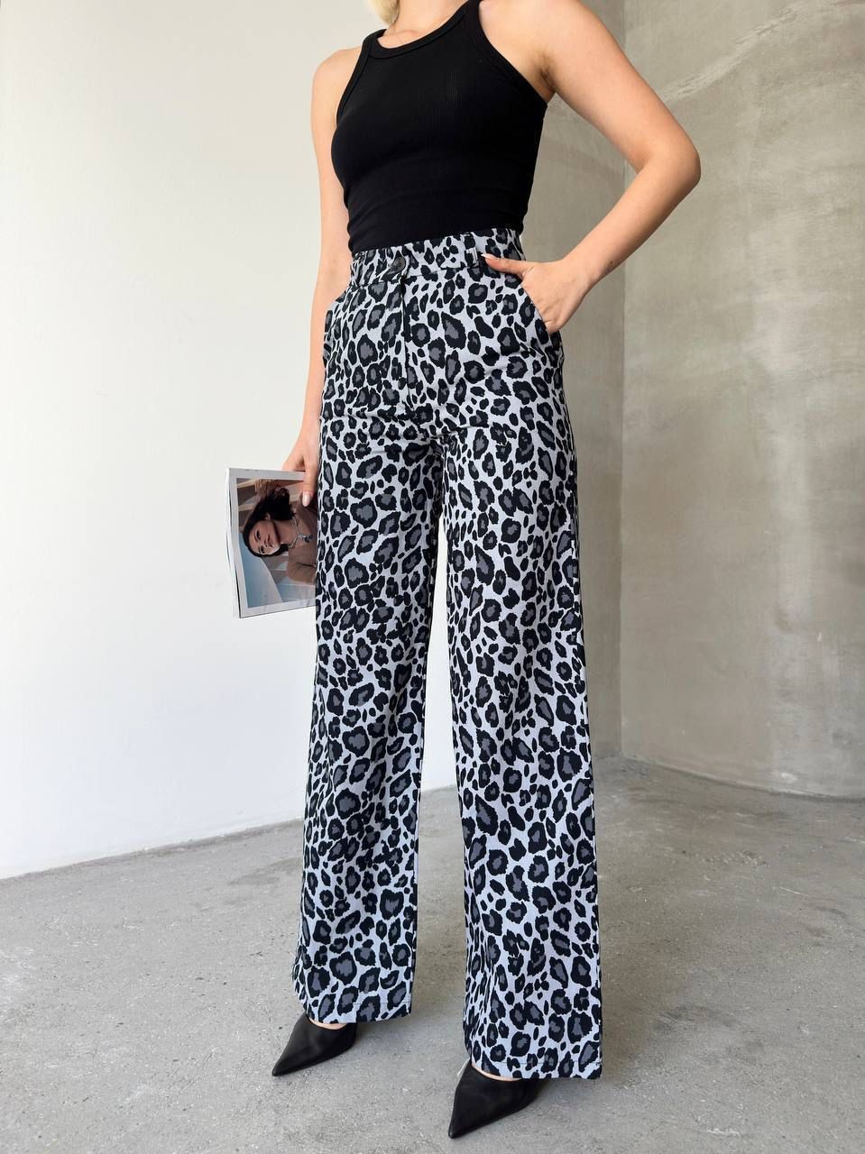 Yüksek Bel Leopar Desen Gabardin Kadın Palazzo Pantolon