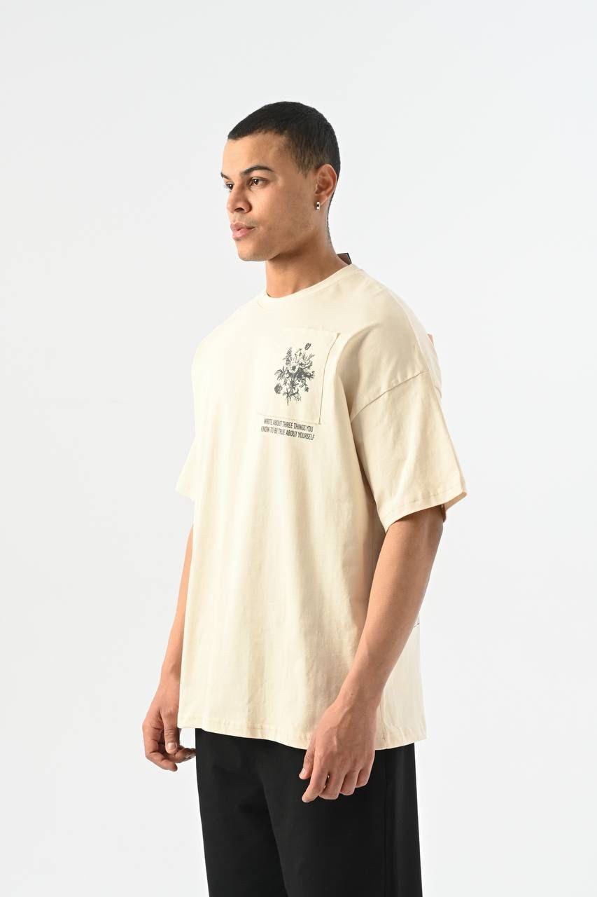 0 Yaka Ön Arka Çiçek Baskı Erkek Oversize T-Shirt
