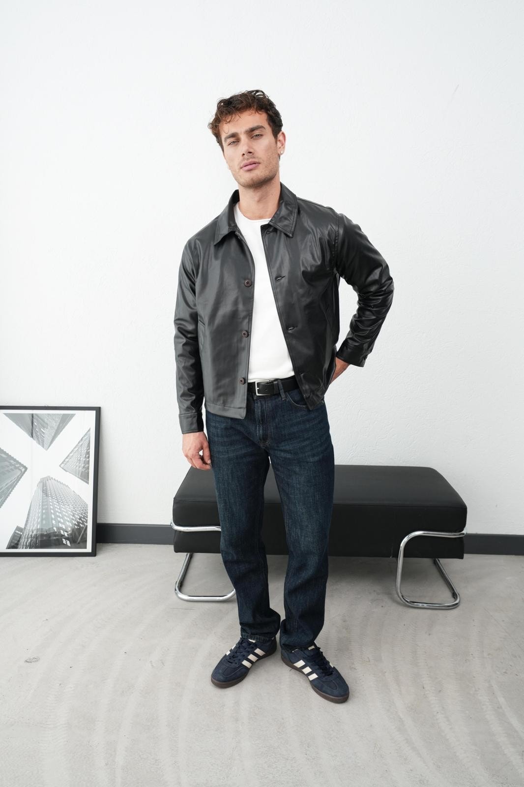 Yakalı Ön Düğme Detay Erkek Deri Ceket