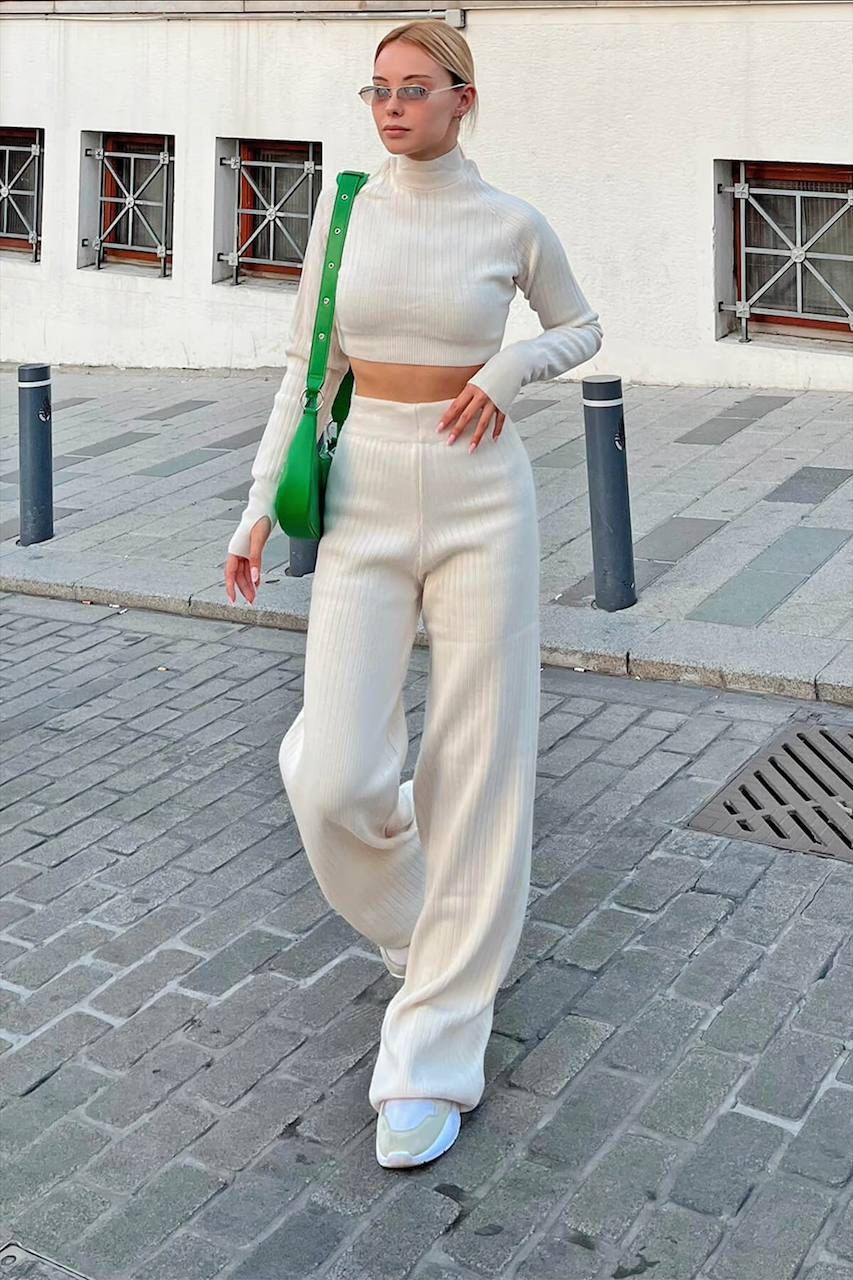 Madame Cix 2059 Parmak Geçmeli Triko Crop Takım