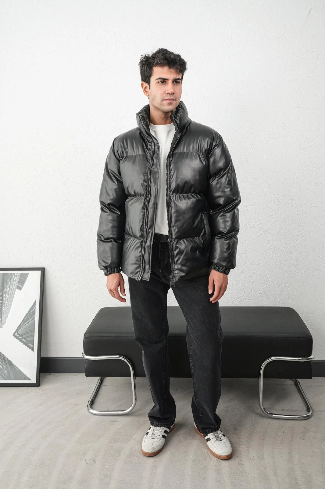 Dik Yaka Deri Dolum Erkek Şişme Mont