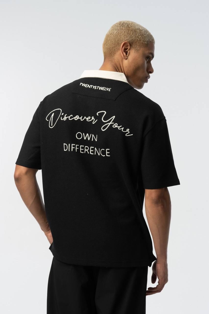 Polo Yaka Waffle Detay Erkek Oversize T-Shirt