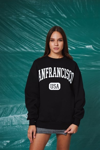 Bis Yaka Ön Sanfrancısco Yazı Baskı Şardonlu Uzun Kadın Sweatshirt