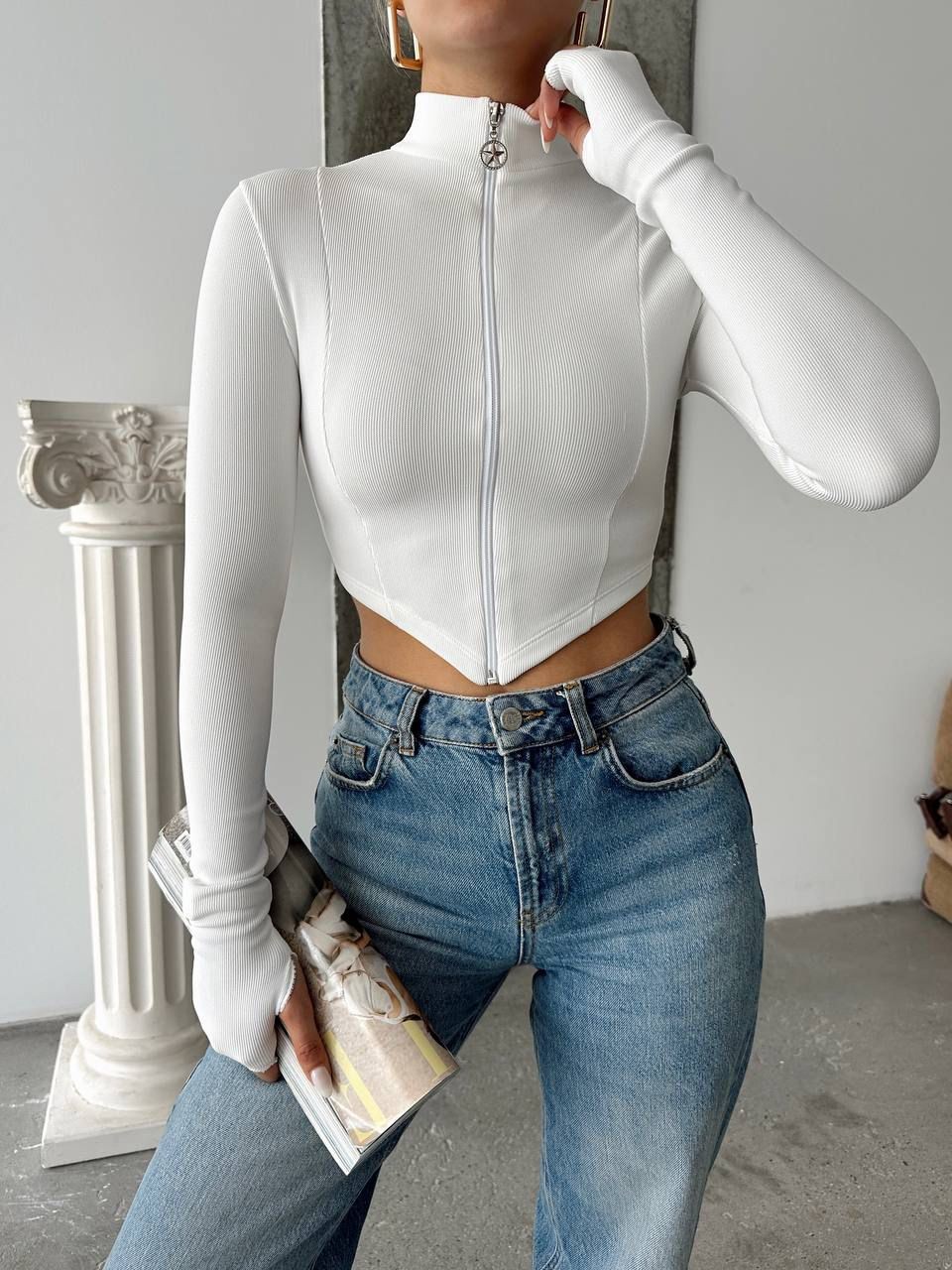 Dik Yaka Fermuarlı Crop Badi