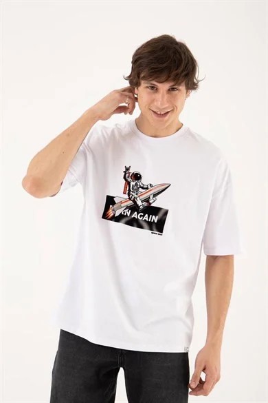 0 Yaka Born Agaın Space Baskılı Oversize Erkek T-Shirt