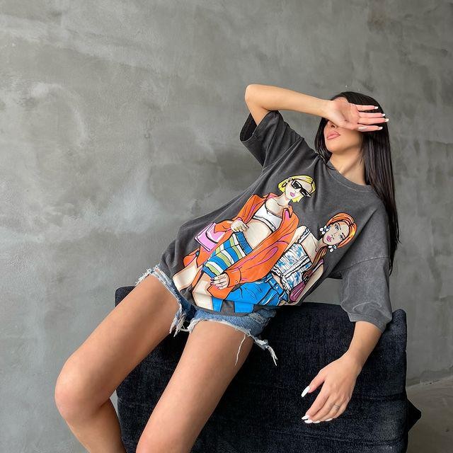 0 Yaka 2 'li Kız Baskı Yıkamalı Oversize Kadın T-Shirt
