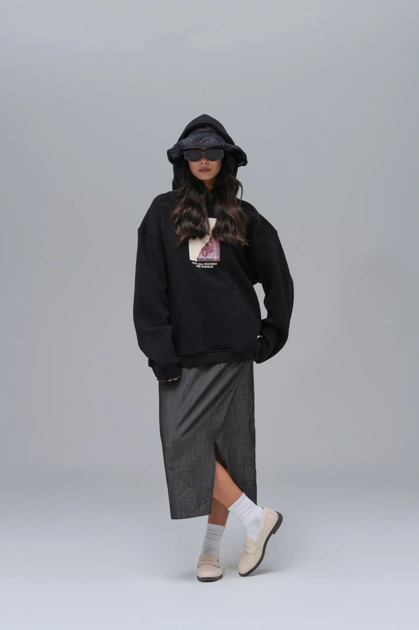 Kapüşonlu Ön-Arka Etnik Desen Erkek Oversize Sweatshirt