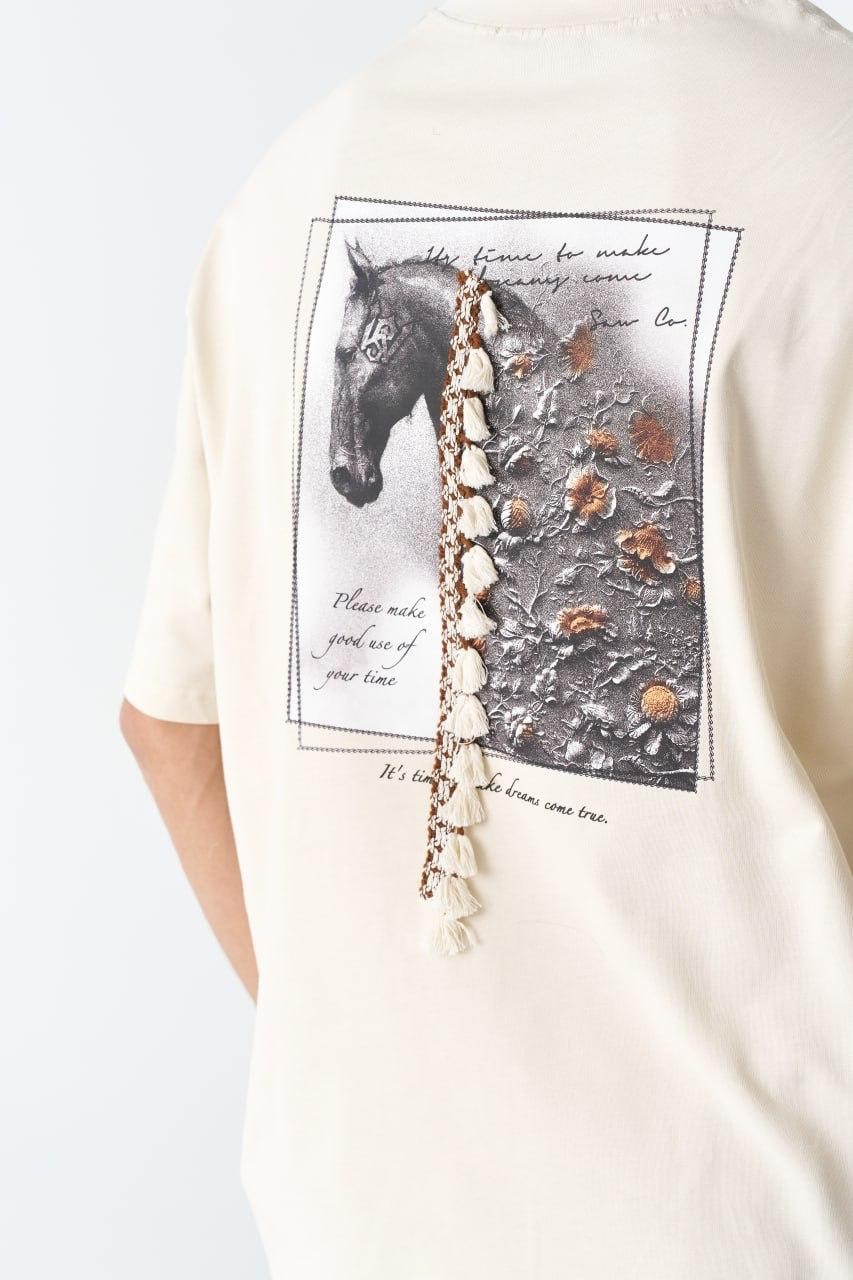 0 Yaka İt's Time At Baskı Püskül Detay Erkek Oversize T-Shirt