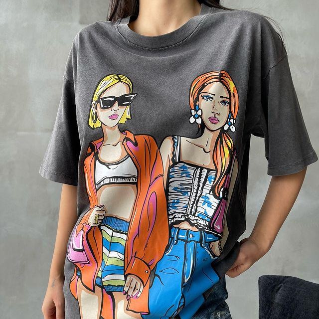 0 Yaka 2 'li Kız Baskı Yıkamalı Oversize Kadın T-Shirt