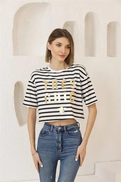 0 Yaka Kısa Çizgili Kadın T-Shirt