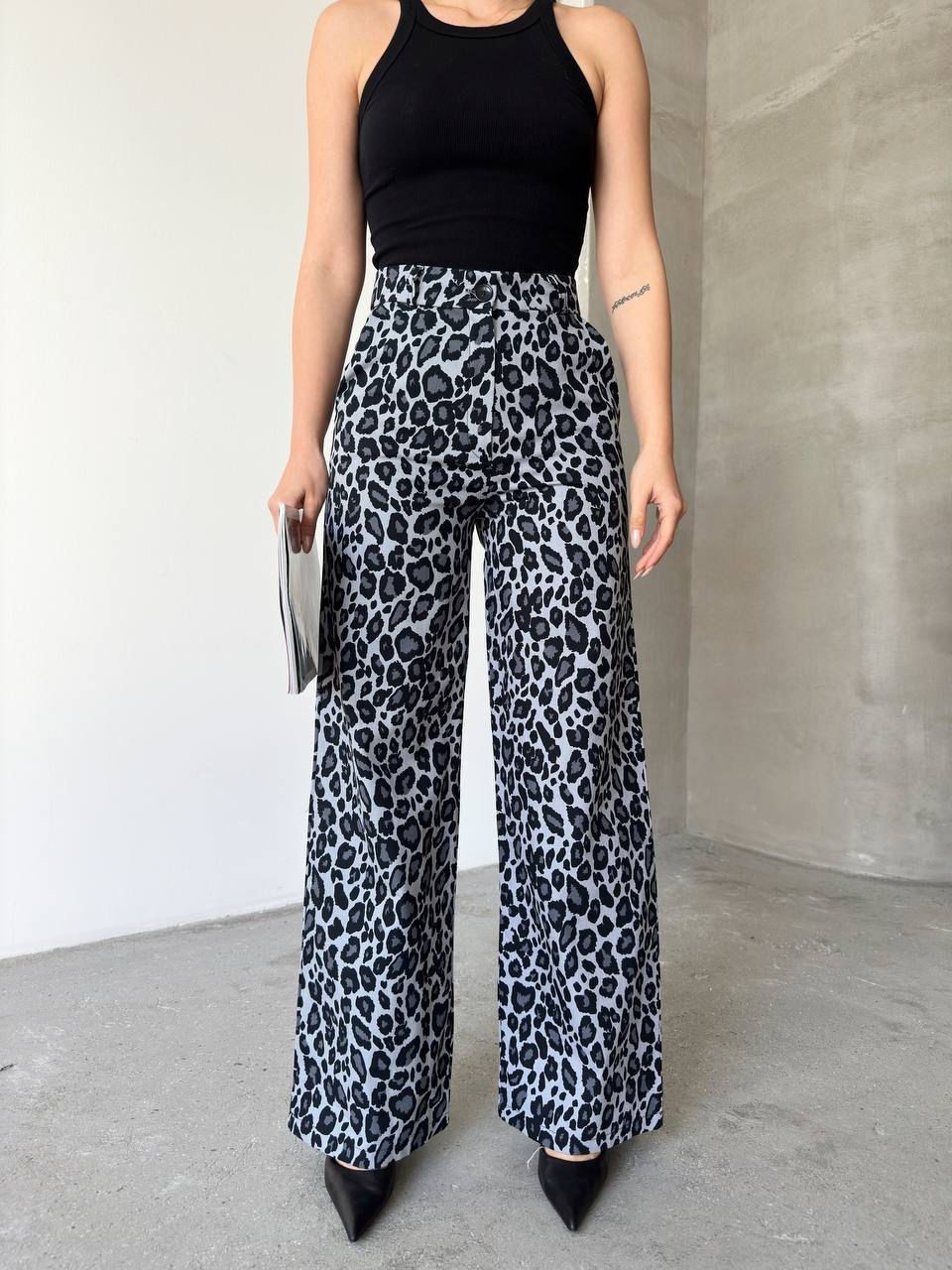 Yüksek Bel Leopar Desen Gabardin Kadın Palazzo Pantolon