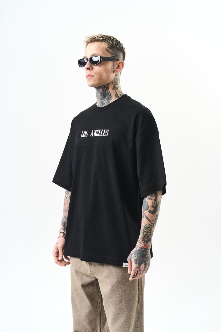 0 Yaka Los Angeles Baskı Erkek Oversize T-Shirt