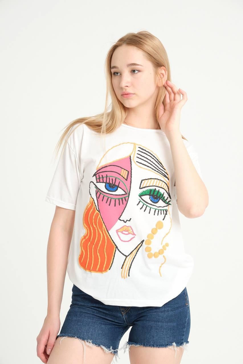0 Yaka Surat Baskı Kadın T-Shirt