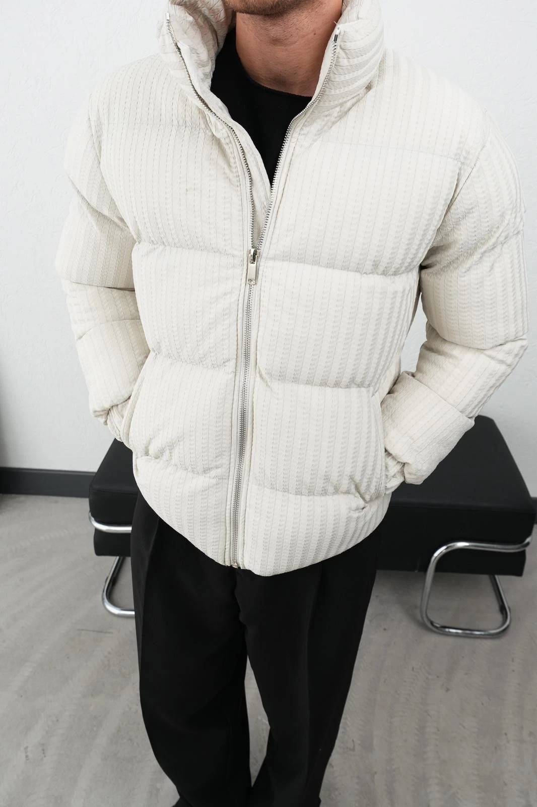 Dik Yaka Fermuarlı Fitilli Erkek Şişme Mont