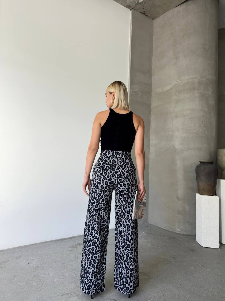 Yüksek Bel Leopar Desen Gabardin Kadın Palazzo Pantolon