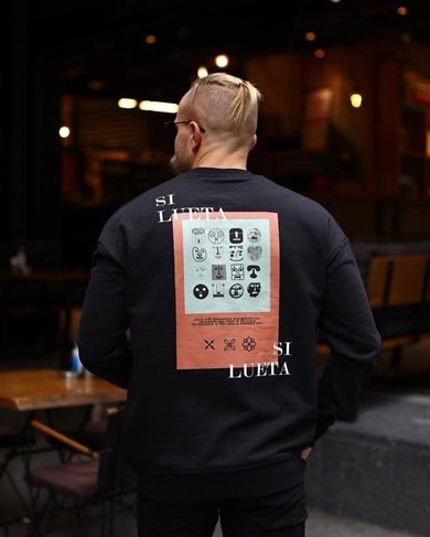 0 Yaka Sılueta Ön Arka Baskı Oversize Erkek Sweatshirt