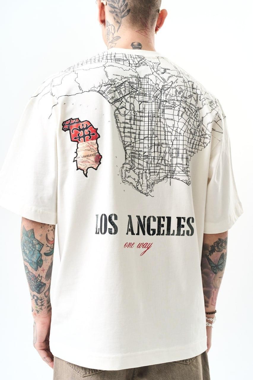 0 Yaka Los Angeles Baskı Erkek Oversize T-Shirt