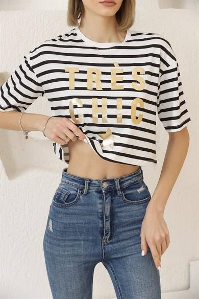 0 Yaka Kısa Çizgili Kadın T-Shirt