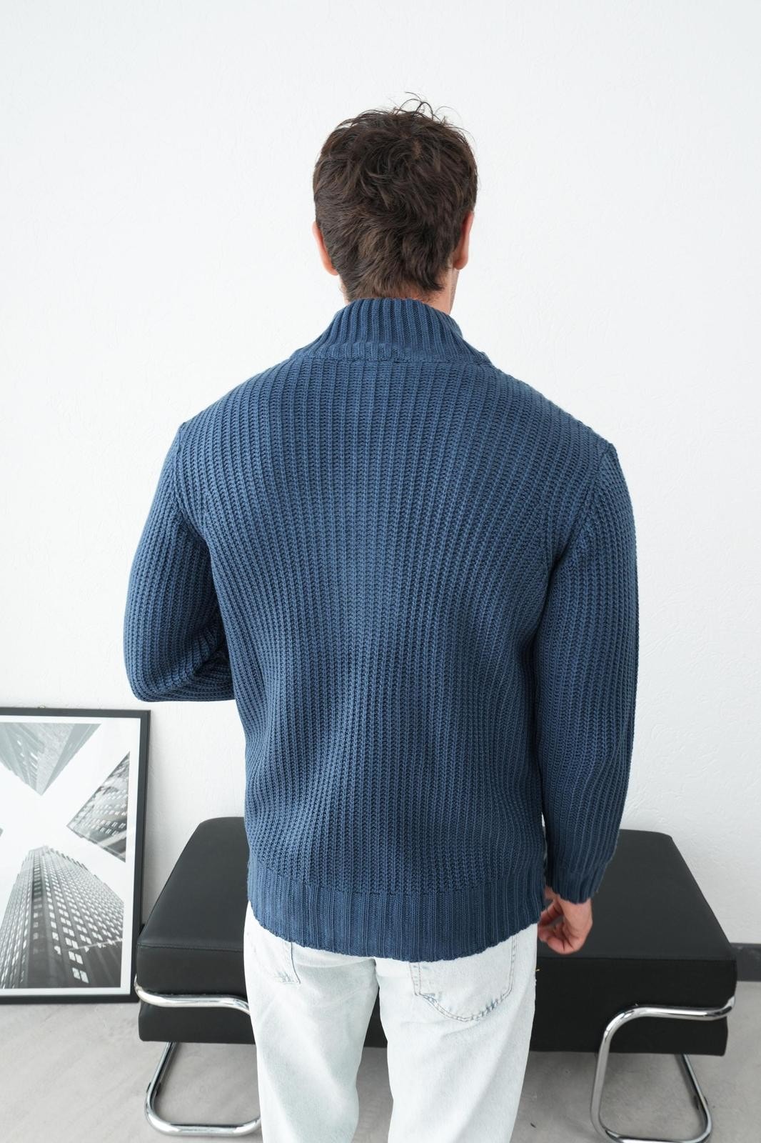 Dik Yaka Ön Fermuarlı Erkek Triko Hırka