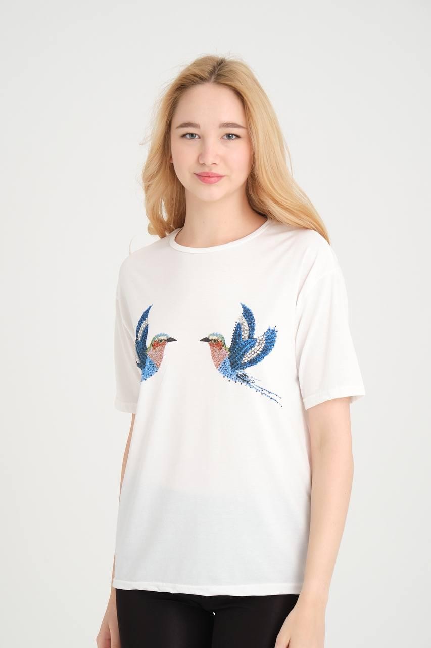 0 Yaka Kuş Baskılı Kadın T-Shirt