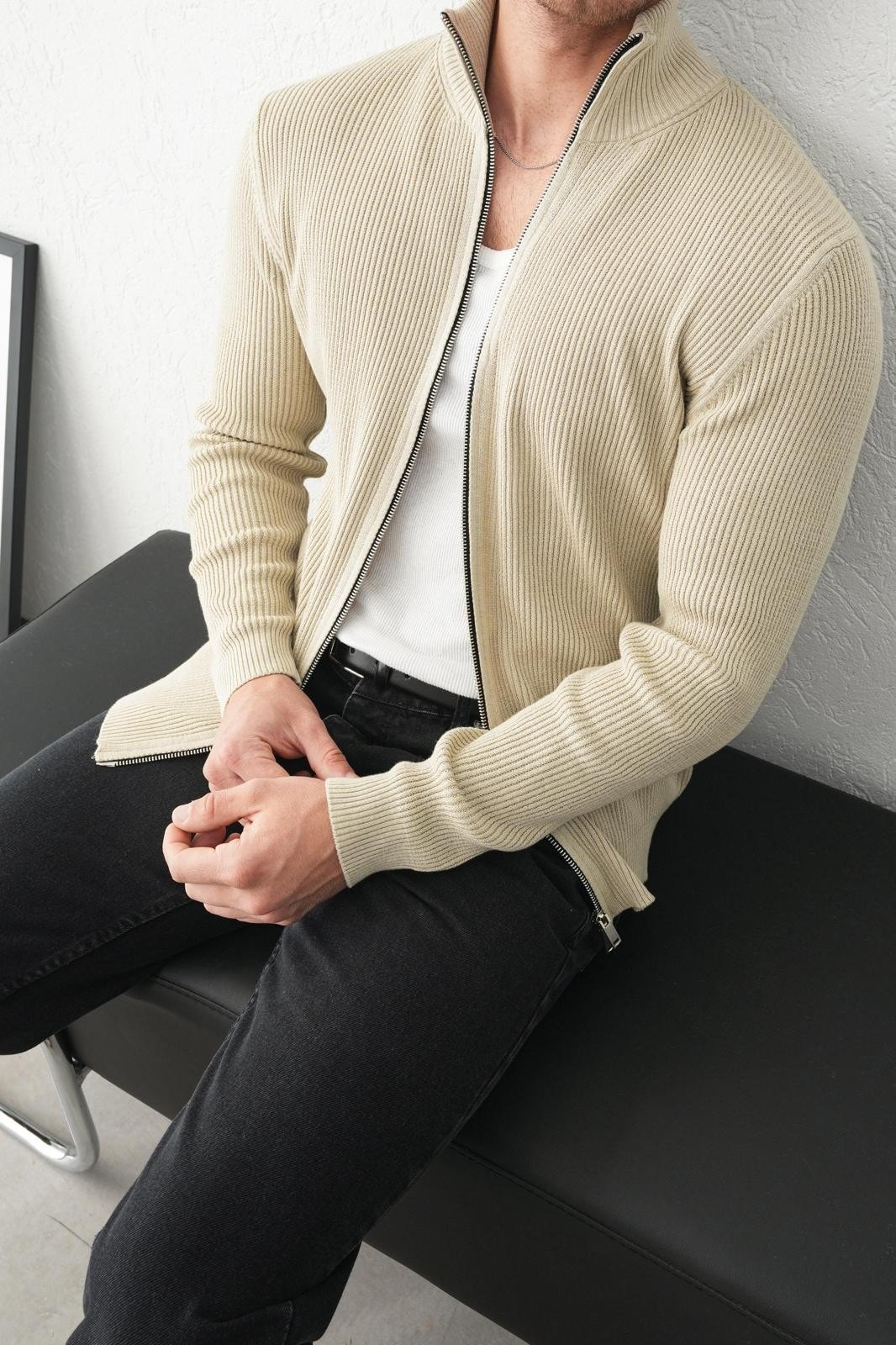 Dik Yaka Çift Fermuar Erkek Triko Hırka