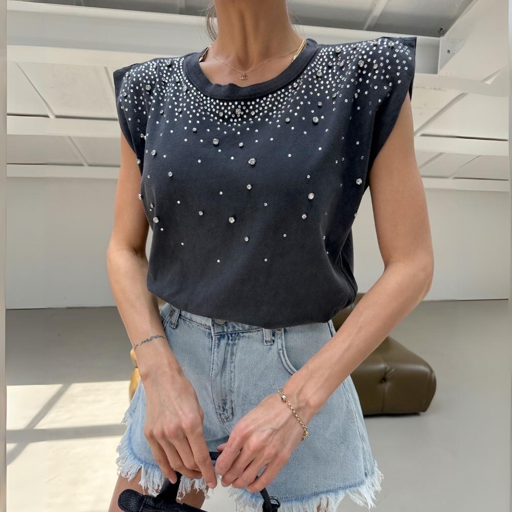 Yarasa Kol Yıkamalı Taşlı Kadın T-Shirt