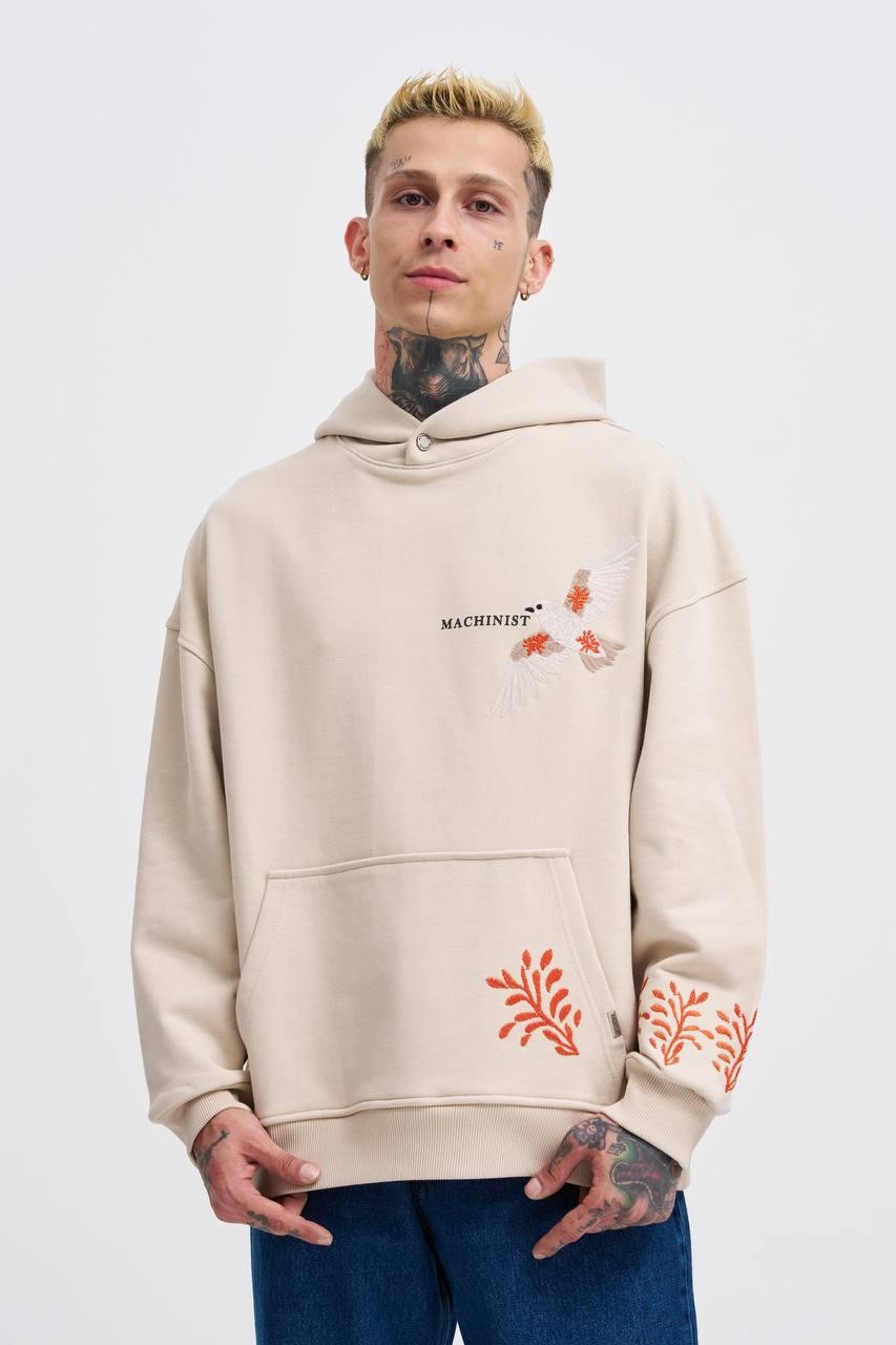 Kapüşonlu Machınıst Embroıdery Bırd Baskı Oversize Erkek Sweatshirt