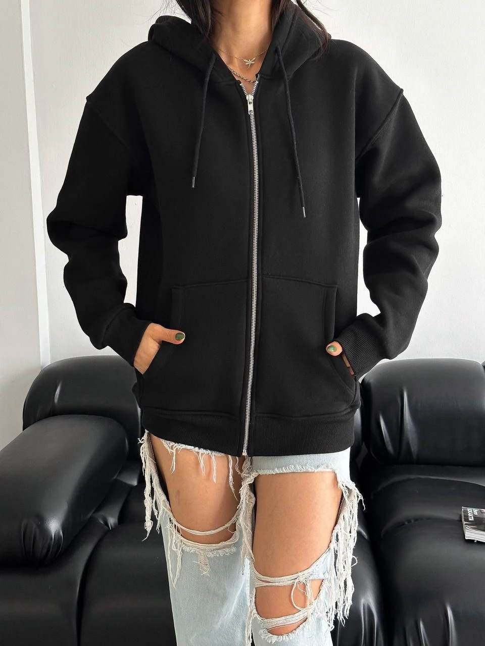 Kapüşonlu Fermuarlı Kadın Oversize Sweat Hırka