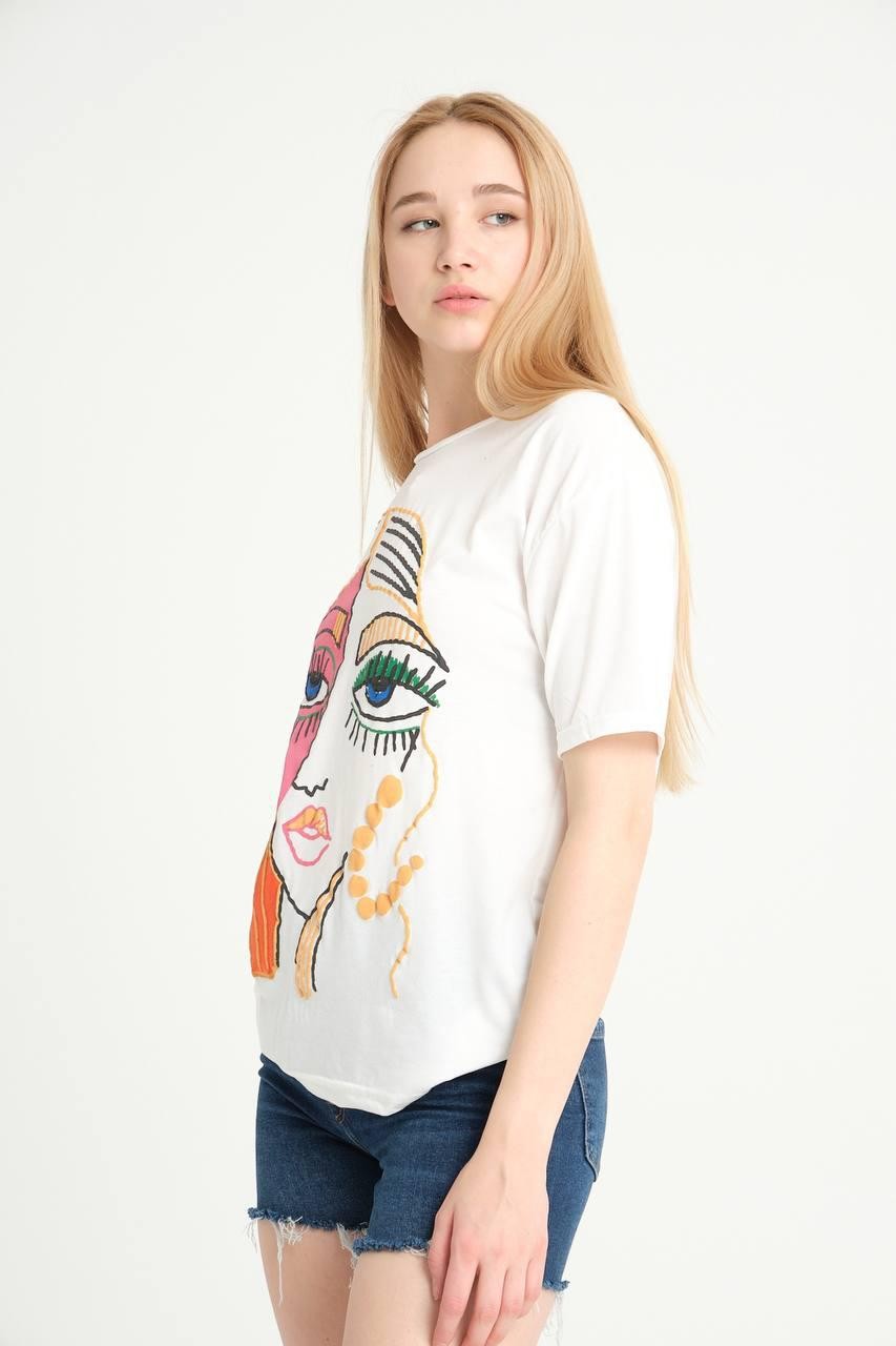 0 Yaka Surat Baskı Kadın T-Shirt