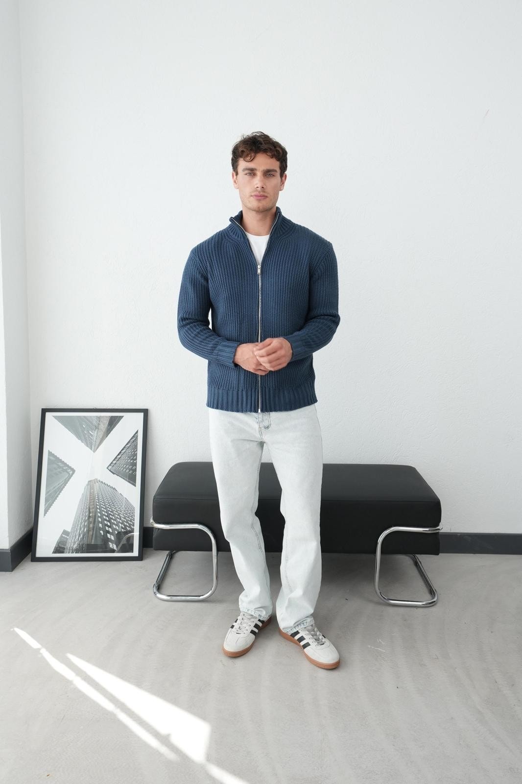 Dik Yaka Ön Fermuarlı Erkek Triko Hırka