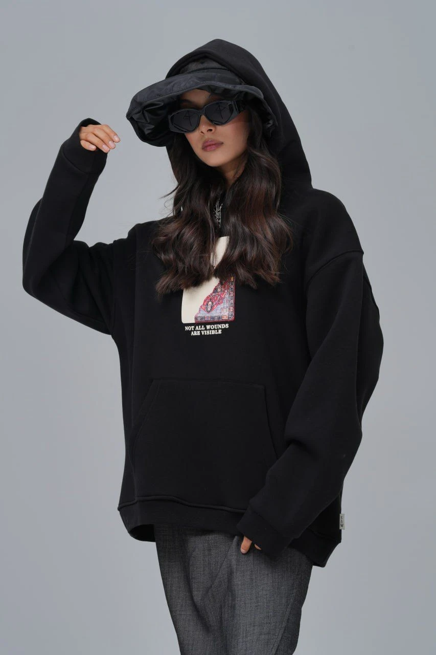 Kapüşonlu Ön-Arka Etnik Desen Erkek Oversize Sweatshirt