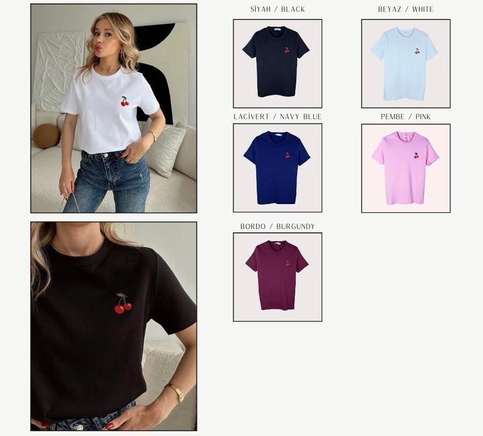 0 Yaka Kiraz Nakışlı Kadın T-Shirt