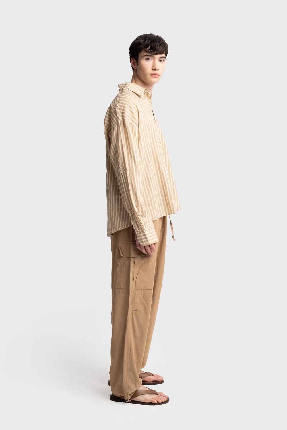 Çift Çizgili Tek Cep Nakışlı Oversize Keten Gömlek