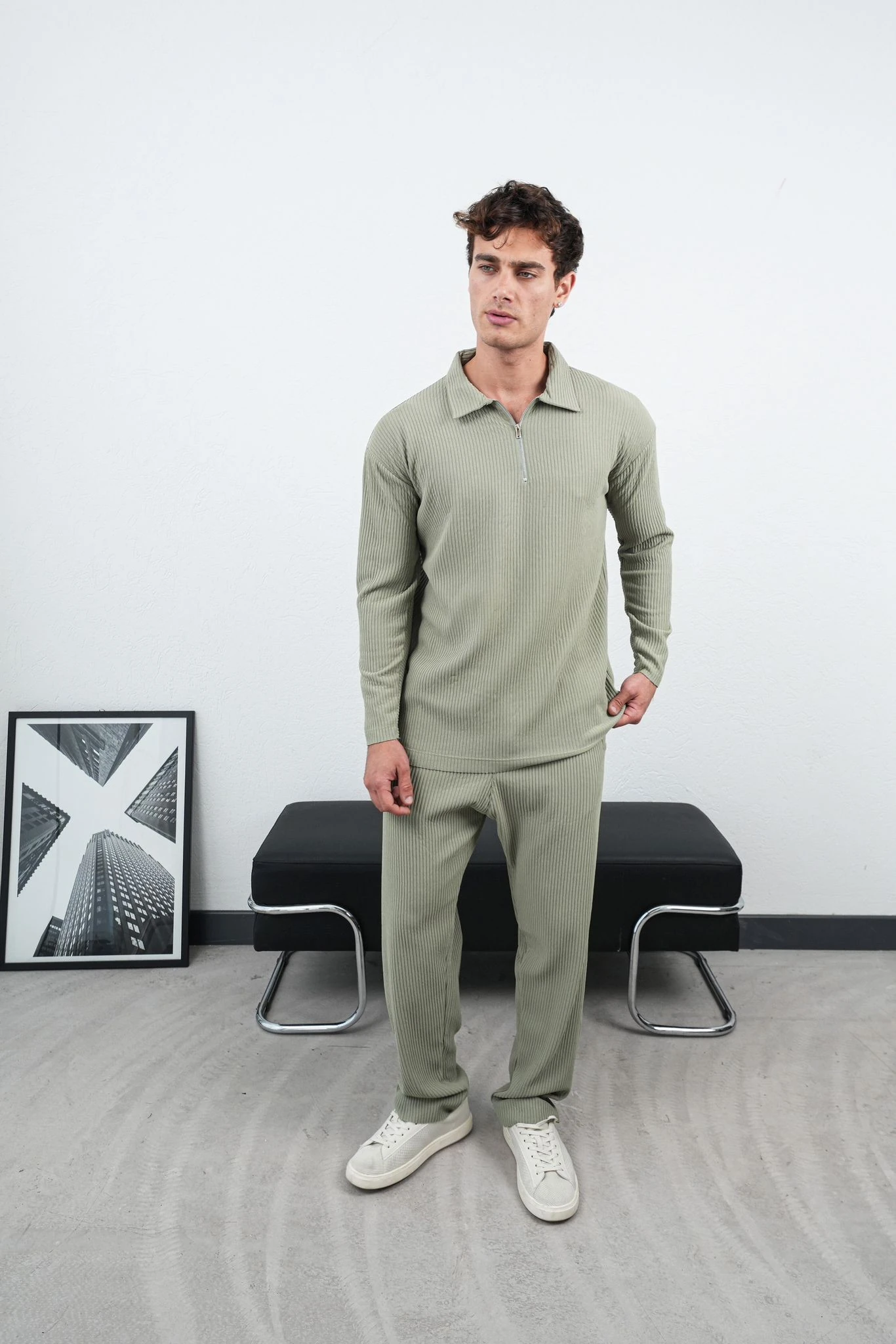 Yakalı Fermuar Detay Fitilli Erkek Oversize Sweatshirt