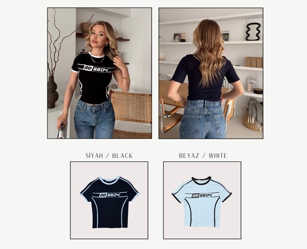 0 Yaka Baskılı Ara Biyeli Kadın Crop T-Shirt