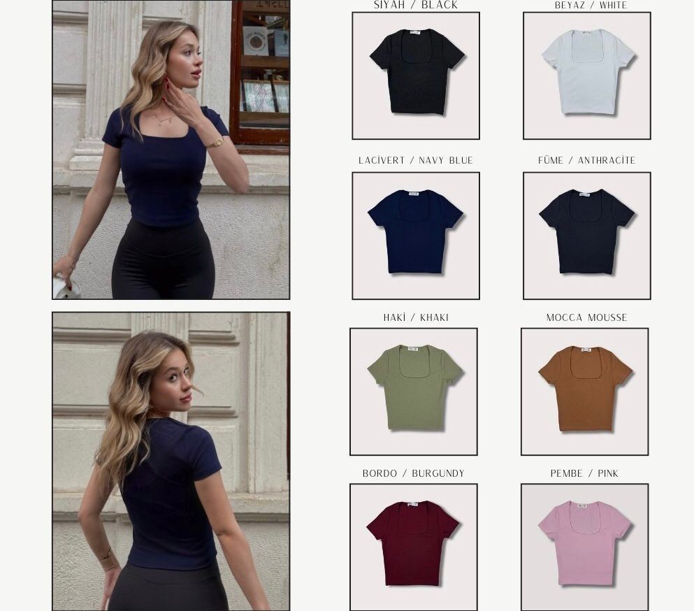 Kare Yaka Likralı Kadın Crop T-Shirt