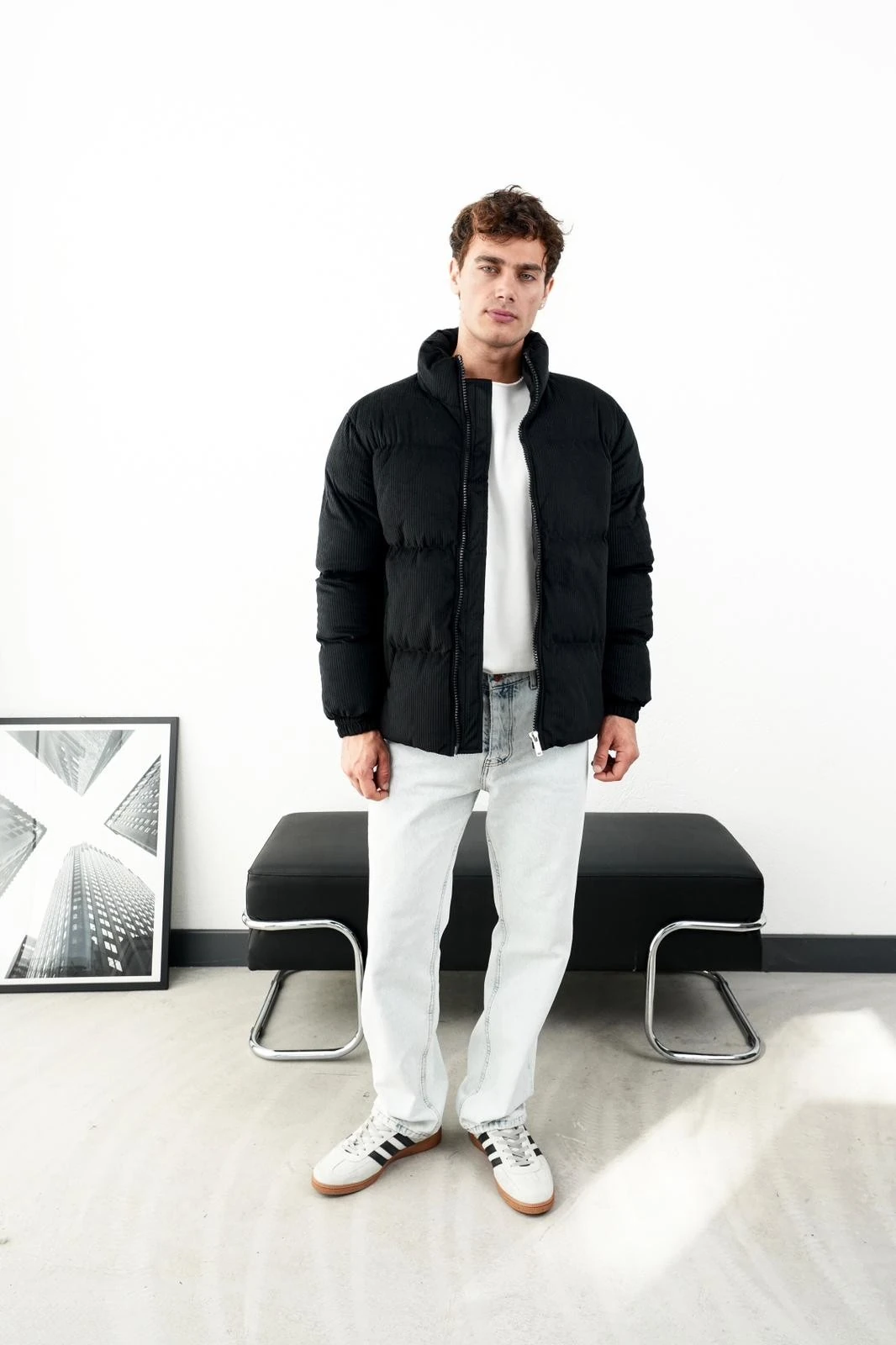 Dik Yaka Kalın Fitilli Kadife Erkek Şişme Mont