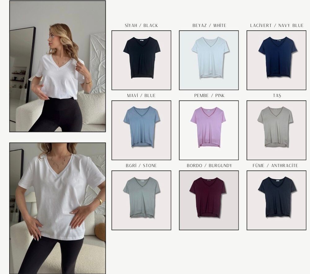 V Yaka Basıc Kadın Penye T-Shirt