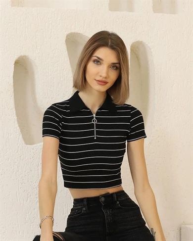 Yakalı Fermuar Detay Çizgili Kadın Crop Badi
