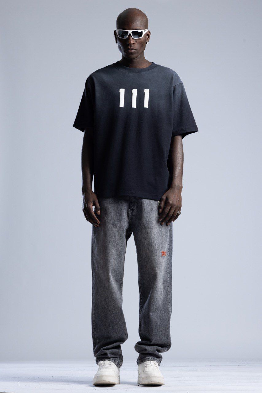 0 Yaka 111 Baskı Yıkamalı Erkek Oversize T-Shirt