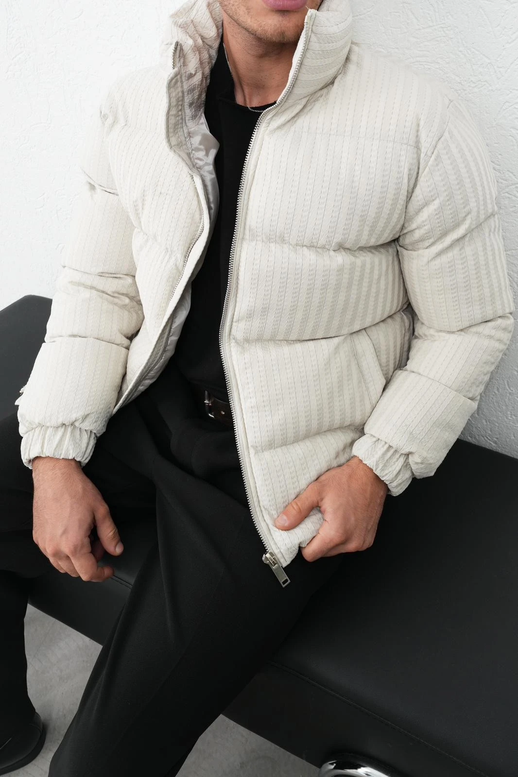 Dik Yaka Fermuarlı Fitilli Erkek Şişme Mont