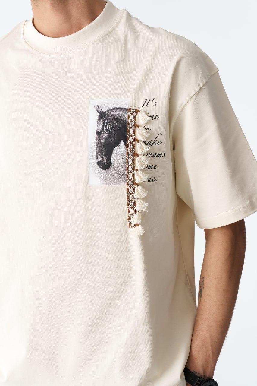 Saw 4875 0 Yaka İt's Time At Baskı Püskül Detay Oversize T-Shirt