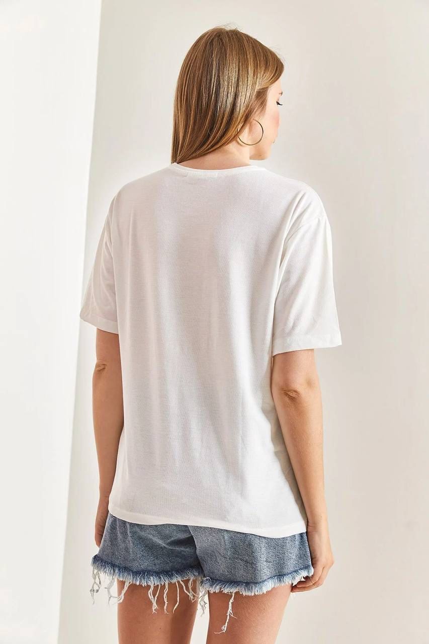 0 Yaka Göz Baskılı Oversize Kadın T-Shirt