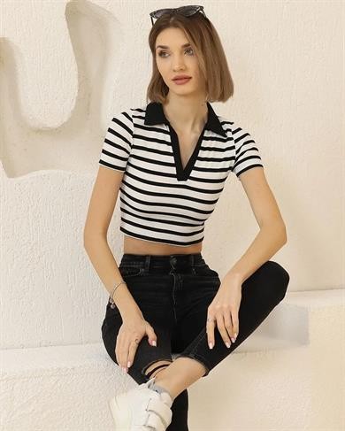 Yakalı Çizgili Kadın Crop Badi