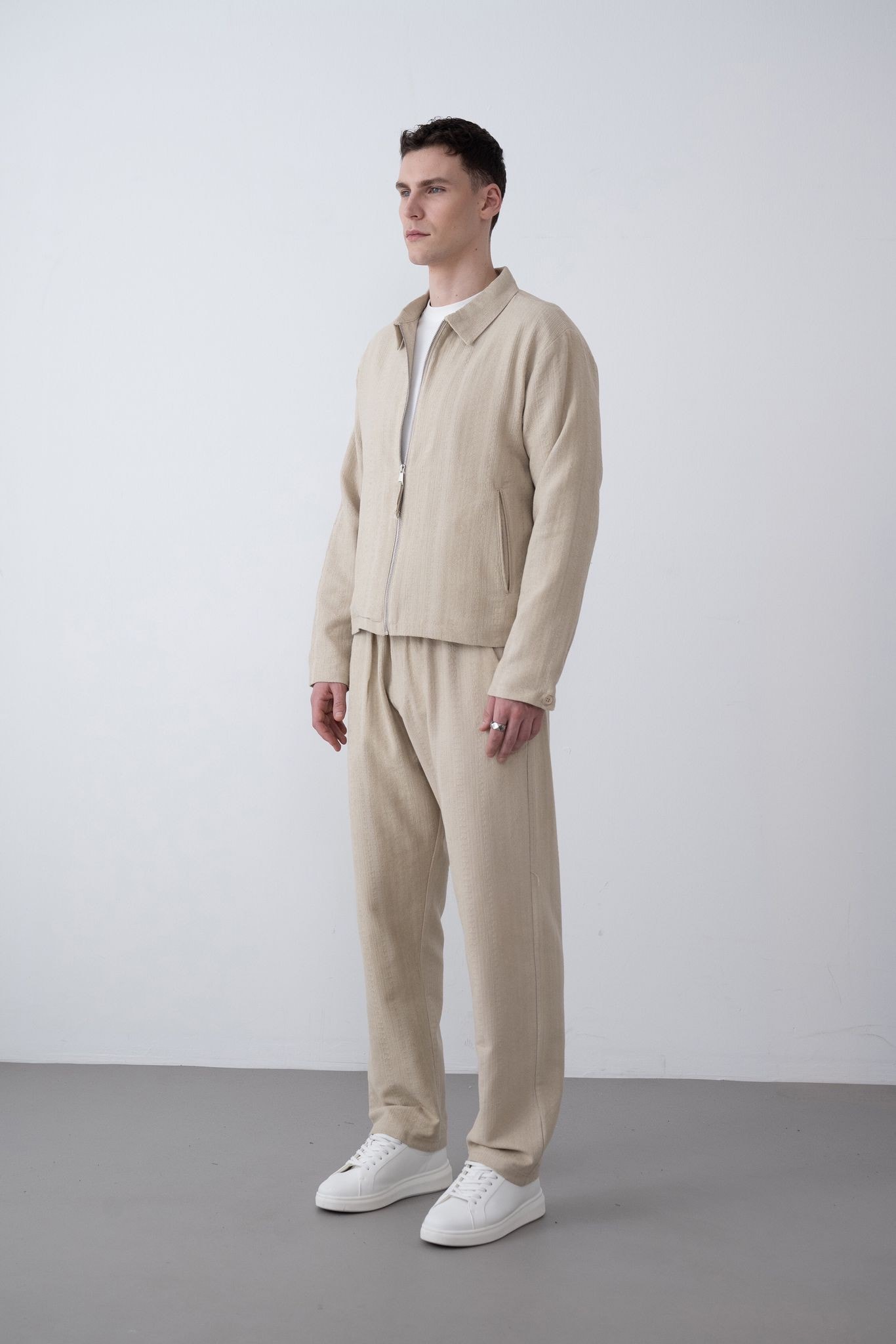 Yakalı İçi Astarlı Desenli Erkek Oversize Keten Ceket