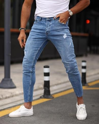 Düşük Bel Ön Yırtık Detay Kesik Paca Erkek Jean Pantolon